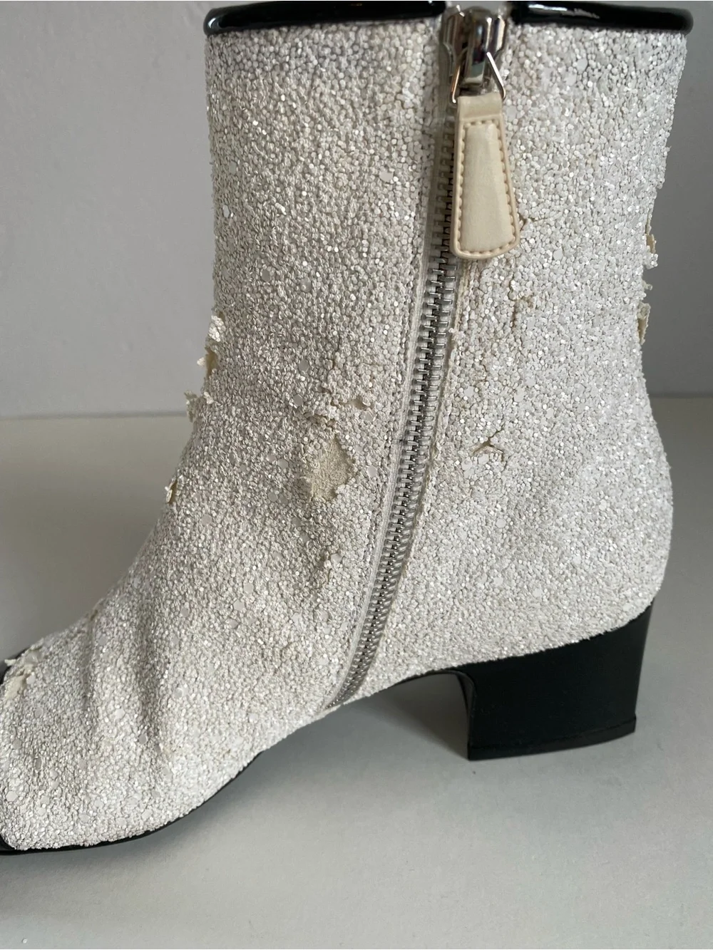 CHANEL White Sequin Ankle Boots with Black Cap Toe. Runway astronaut collection.